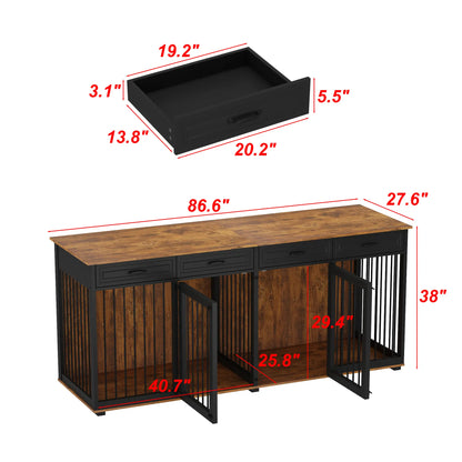 FUFU&amp;GAGA Large Dog Crate Furniture, 86.6" Wooden Dog Crate Kennel with Drawers and Divider, Heavy Duty Dog Crates Cage Furniture