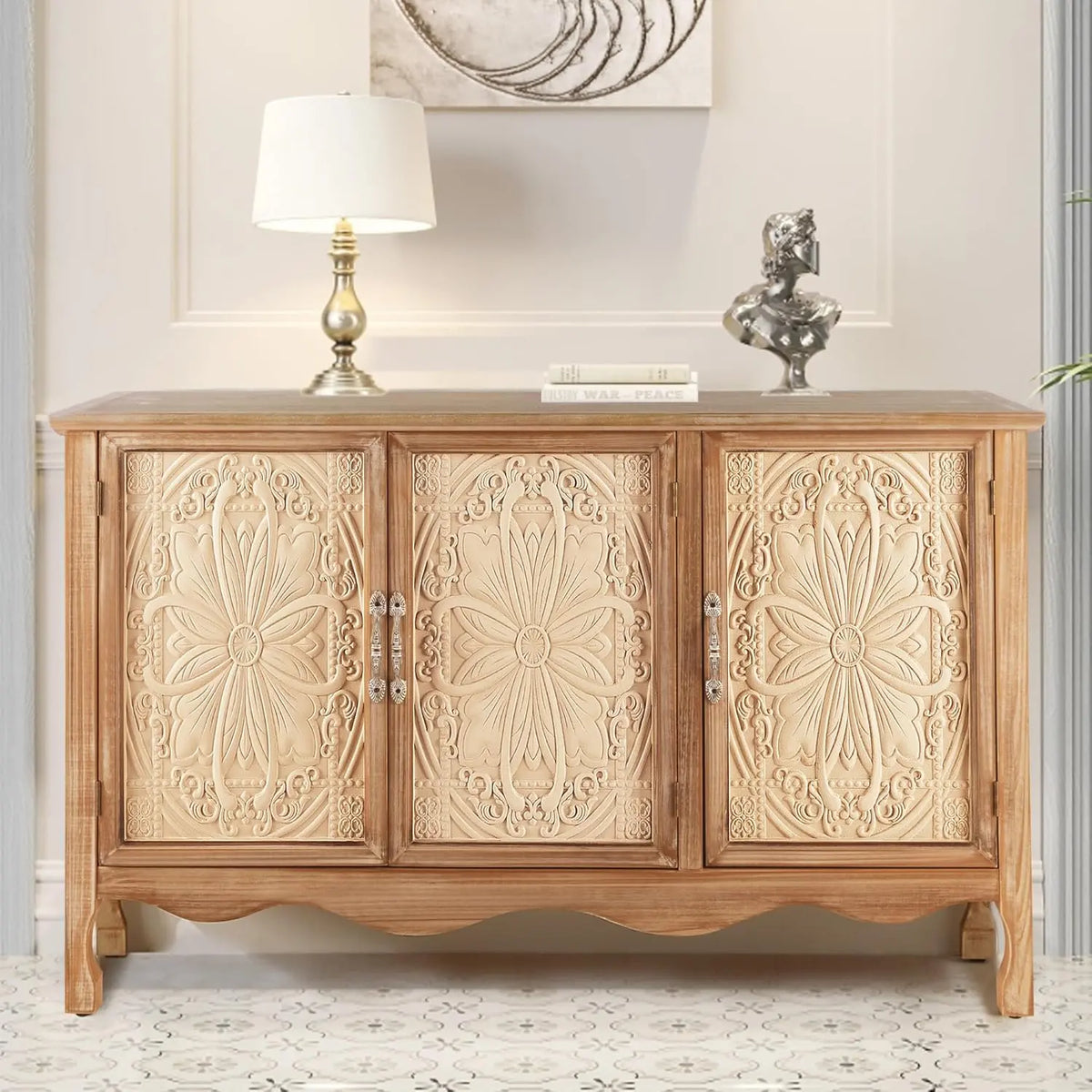 【Summervibes】Royalcraft L Farmhouse Sideboard Buffet Cabinet with Storage, 49" Solid Wood Credenza Buffet Table Coffee Bar Wine Bar Storage Cabinet with 3 Doors for Dining Room Living Room Hallway, (Provence Grain)