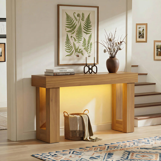 63 Inch Entryway Table with Socket and Sensor Light, Farmhouse Wooden Sofa Table behind Couch or Foyer Table, Narrow Console Table with Storage Shelf for Living Room, Entrance, Hallway, Easy Assembly