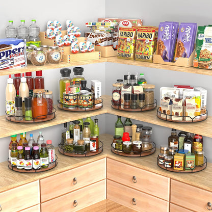 Lazy Susan Turntable Organizer for Cabinet Pantry Kitchen Countertop Refrigerator Cupboard, Pine Wood, 12", Brown