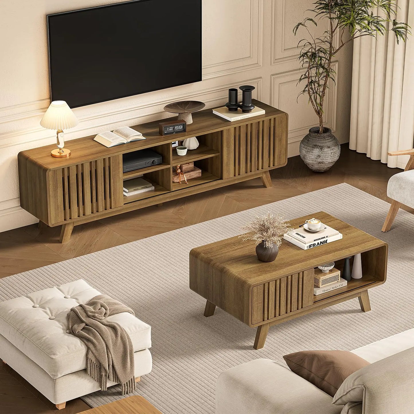 【Summerfinds】Onbrill Coffee Table, Mid Century Modern Table with Storage Compartment, Fluted Table with Sliding Cabinet Door, Farmhouse Wood Coffee Table for Living Room,Dorm Essentials,Home Decor