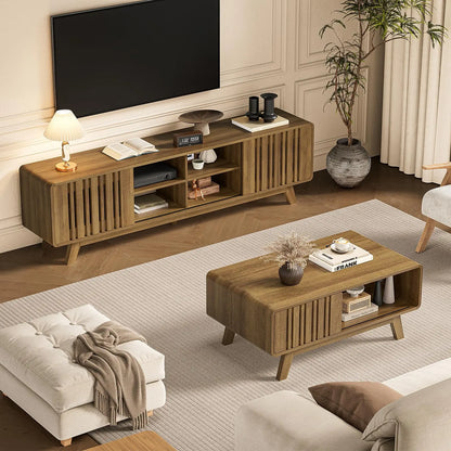 【Summerfinds】Onbrill Coffee Table, Mid Century Modern Table with Storage Compartment, Fluted Table with Sliding Cabinet Door, Farmhouse Wood Coffee Table for Living Room,Dorm Essentials,Home Decor