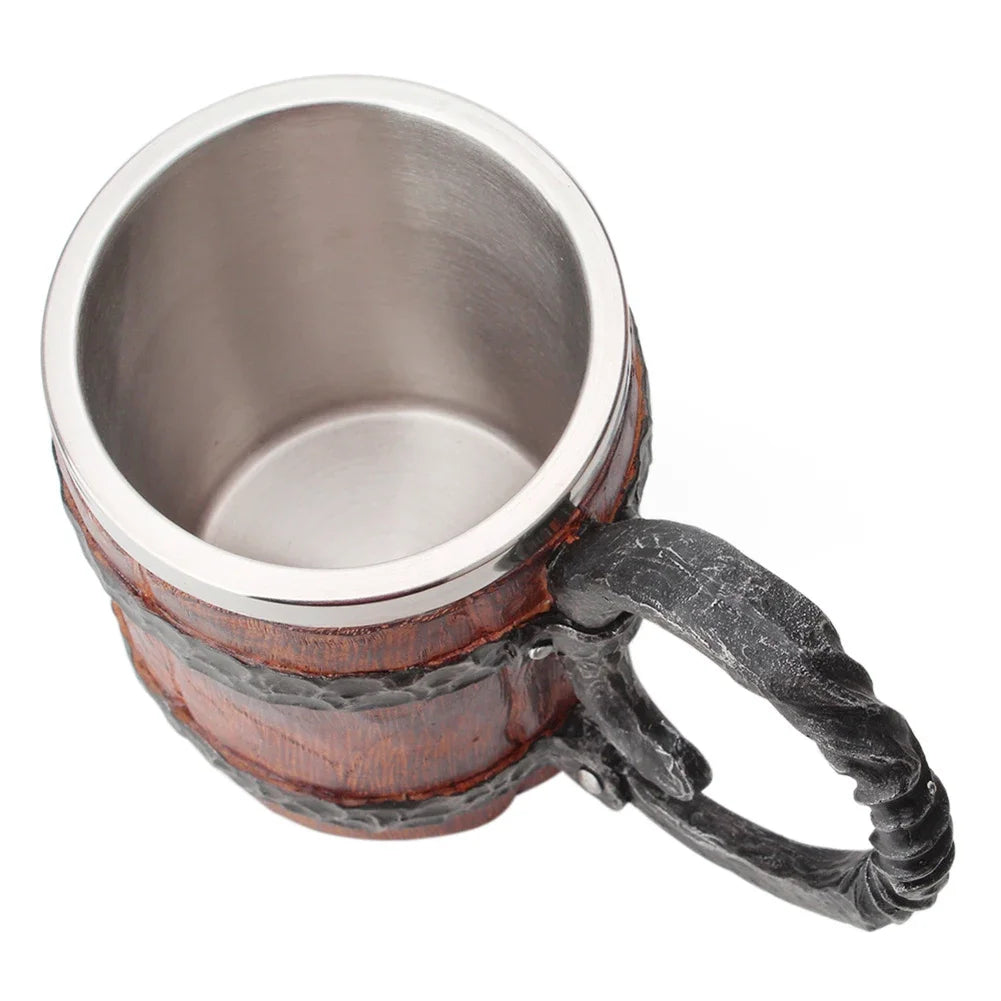 Viking Wood Style Beer Mug Simulation Wooden Barrel Beer Cup Double Wall Drinking Mug Metal Insulated 1PCS Bar Drinking Кружка