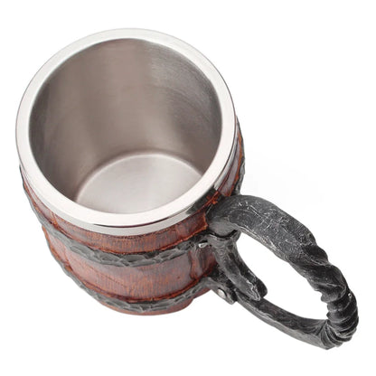 Viking Wood Style Beer Mug Simulation Wooden Barrel Beer Cup Double Wall Drinking Mug Metal Insulated 1PCS Bar Drinking Кружка