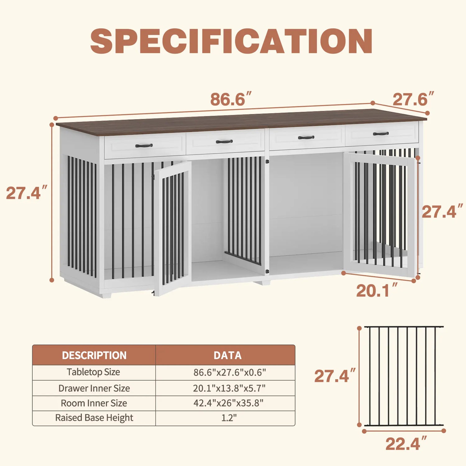 FUFU&amp;GAGA Large Dog Crate Furniture, 86.6" Wooden Dog Crate Kennel with Drawers and Divider, Heavy Duty Dog Crates Cage Furniture
