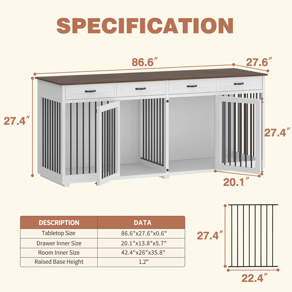 FUFU&amp;GAGA Large Dog Crate Furniture, 86.6" Wooden Dog Crate Kennel with Drawers and Divider, Heavy Duty Dog Crates Cage Furniture