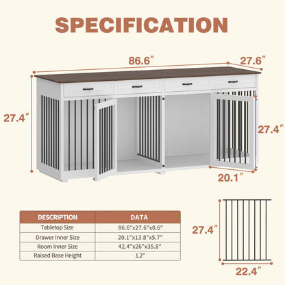 FUFU&amp;GAGA Large Dog Crate Furniture, 86.6" Wooden Dog Crate Kennel with Drawers and Divider, Heavy Duty Dog Crates Cage Furniture