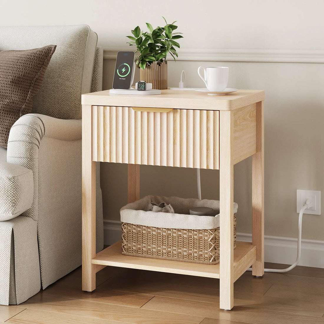 Aowos Fluted Nightstand, Bedside Tables with Charging Station, Boho Side Tables with Drawer & Open Compartment for Bedroom Wooden Tabletop, Bedside Cabinet with USB Ports, Nightstand with Storage, Apartment Nightstand, Kids Bedside Table Tiktokshopspringg