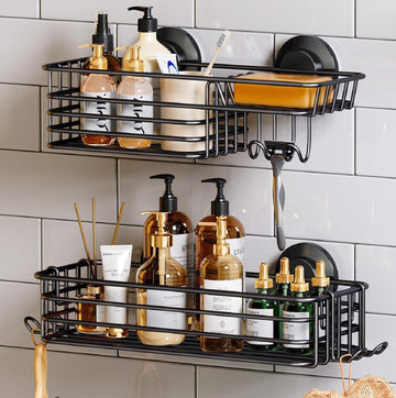 Shower Caddy Suction Cup 2 Pack with Hooks & Soap Holder, Heavy Duty Shower Organizer for Bathroom, No Drilling Bathroom Organizer with Large Capacity, Black Metal Storage Basket