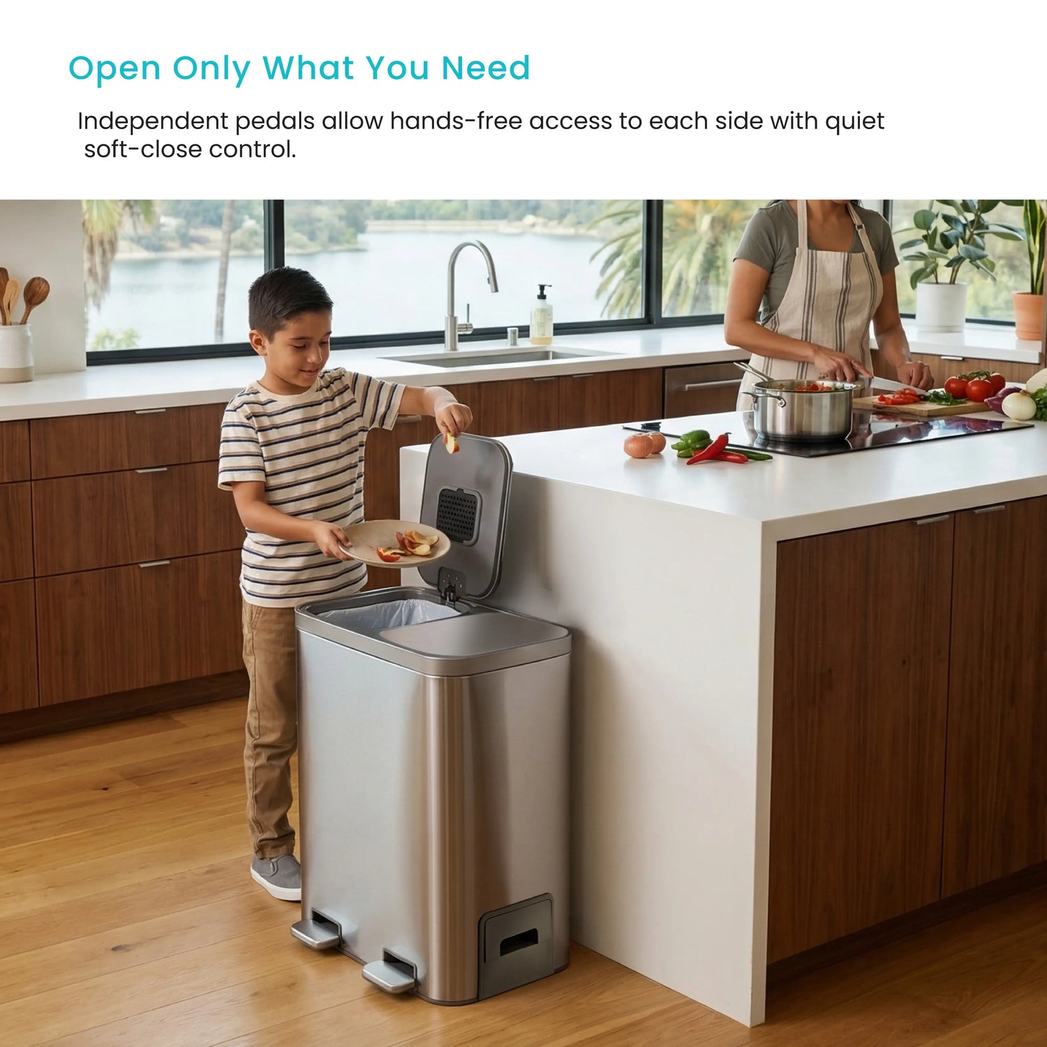 Home Zone Living 13 Gallon Dual Compartment Kitchen Trash Can with Recycling, Soft-Close Lids and Bag Storage, Brushed Stainless Steel, Silver