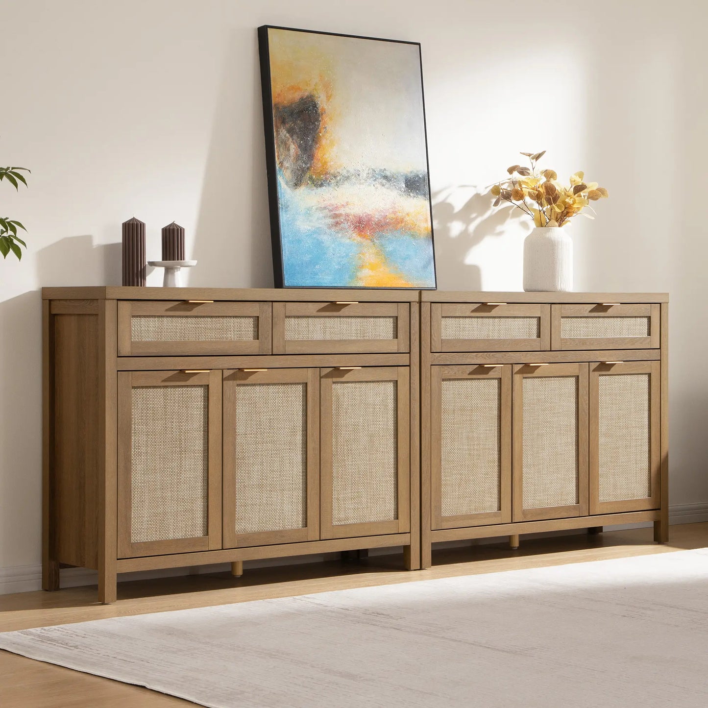 SICOTAS Rattan Sideboard Buffet Cabinet - Boho Farmhouse Credenza with 3 Doors and 2 Drawers, Storage Console Cabinet for Kitchen, Living Room, Entryway, Coffee Bar and Home Decor,Dorm Essentials