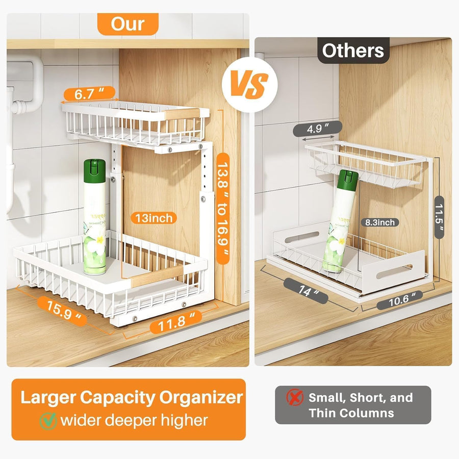 2 Pack under Sink Organizer,Adjustable Height,2 Tier Pull Out under Cabinet Organizer,Slide Out Thickened Metal under Sink Storage for Kitchen Bathroom Laundry Cabinet Pantry,White
