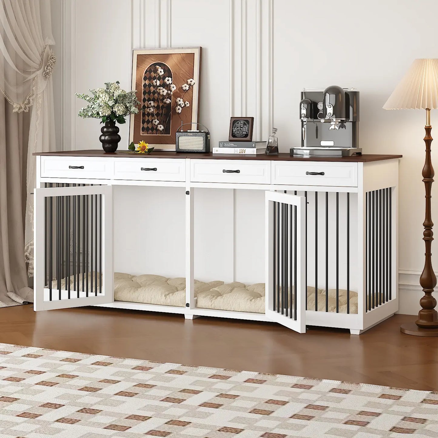 FUFU&GAGA Large Dog Crate Furniture, 86.6" Wooden Dog Crate Kennel with Drawers and Divider, Heavy Duty Dog Crates Cage Furniture
