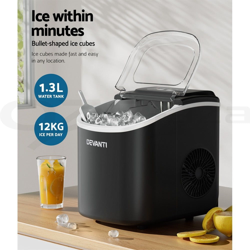 Devanti Portable Ice Maker Machine Ice Cube Tray 12Kg Bar Countertop Black