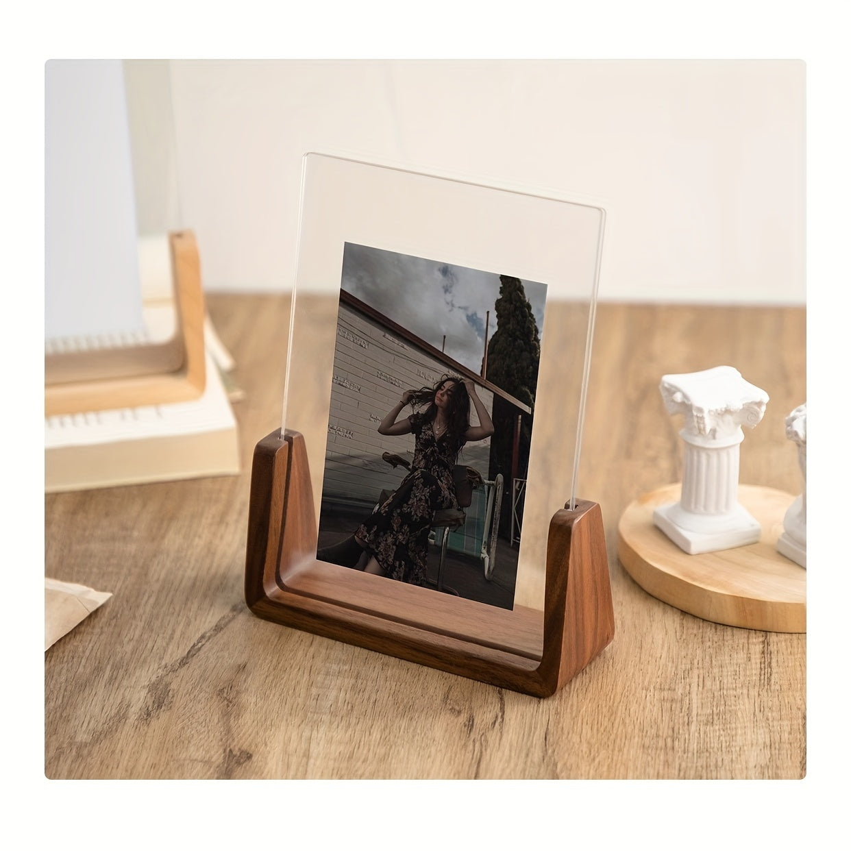 Acrylic Photo Frame – U-Shaped Wood Base – Minimalist – Tabletop Display