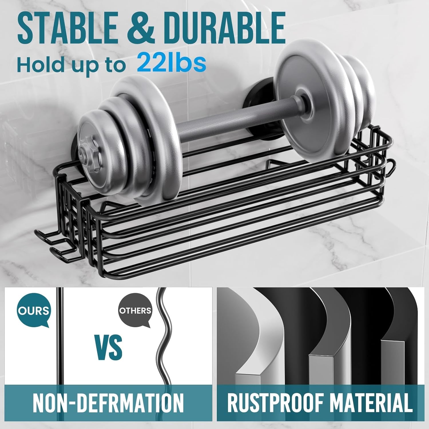 Shower Caddy Suction Cup 2 Pack with Hooks & Soap Holder, Heavy Duty Shower Organizer for Bathroom, No Drilling Bathroom Organizer with Large Capacity, Black Metal Storage Basket