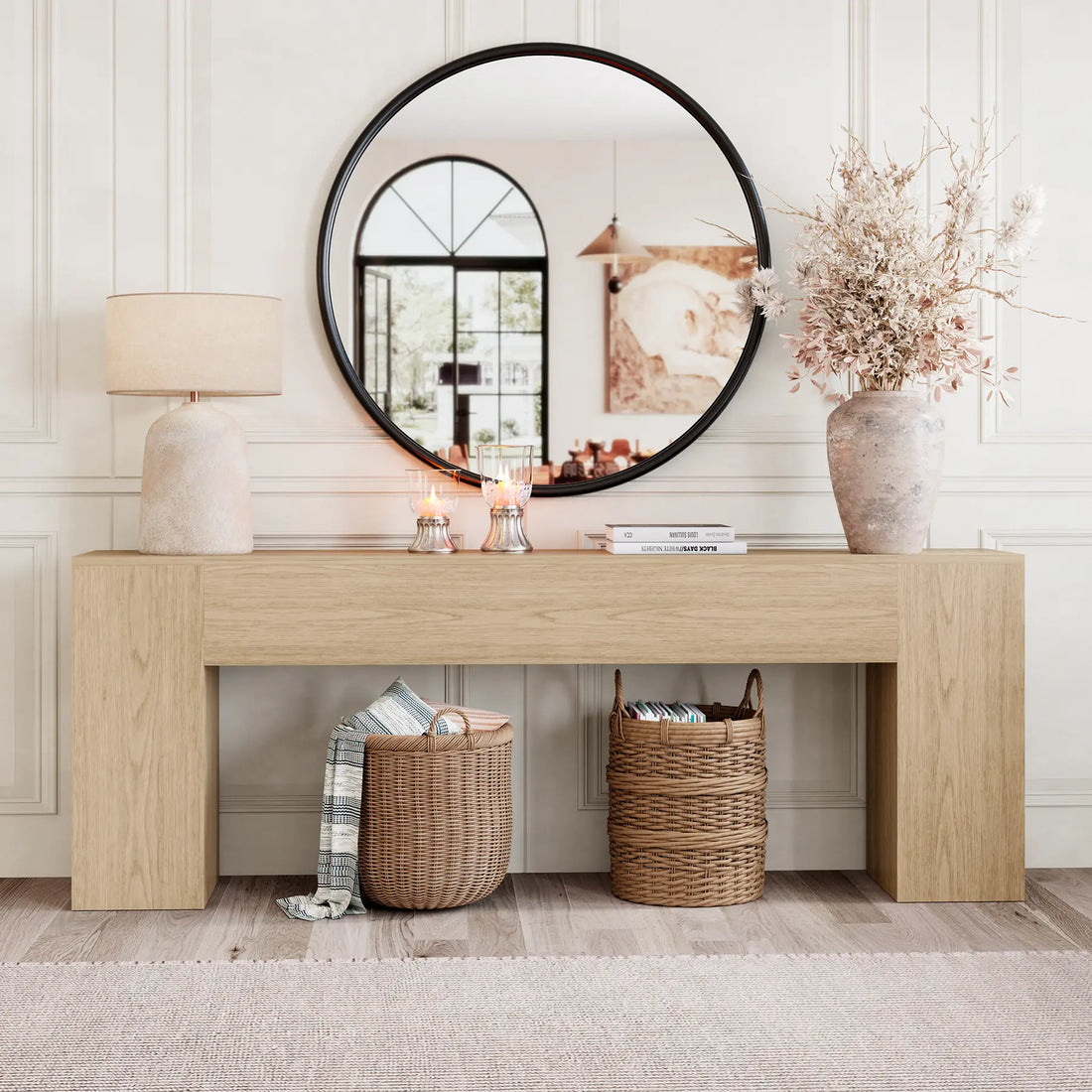 86-Inch Oak Console Table for Living Room, Farmhouse Extra Long Entryway Table, Wood Sofa Table behind Couch for Hallway, Entry Way, Entrance, Light Oak