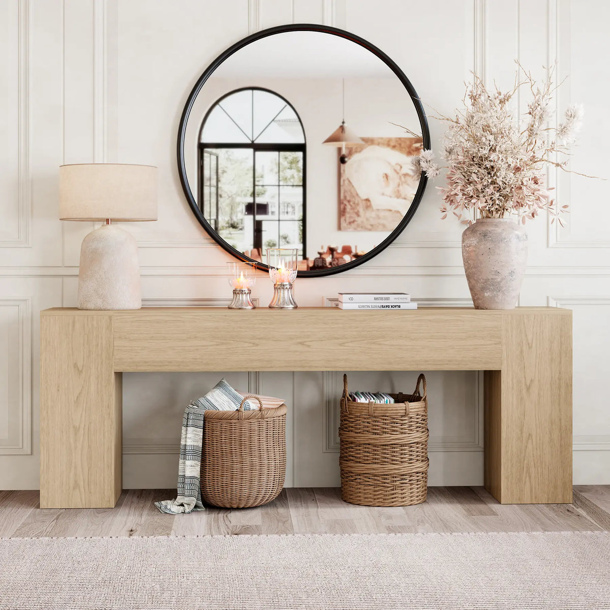 86-Inch Oak Console Table for Living Room, Farmhouse Extra Long Entryway Table, Wood Sofa Table behind Couch for Hallway, Entry Way, Entrance, Light Oak