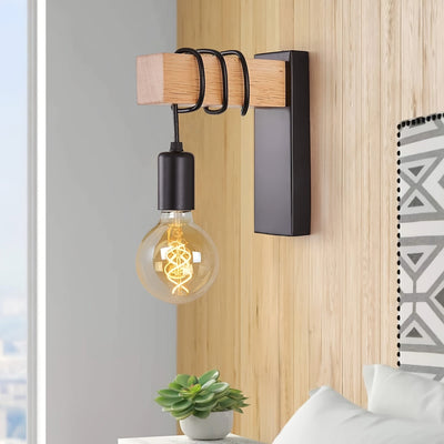 Industrial Wall Sconce – E27 – Metal & Wood – Hard-Wired Light