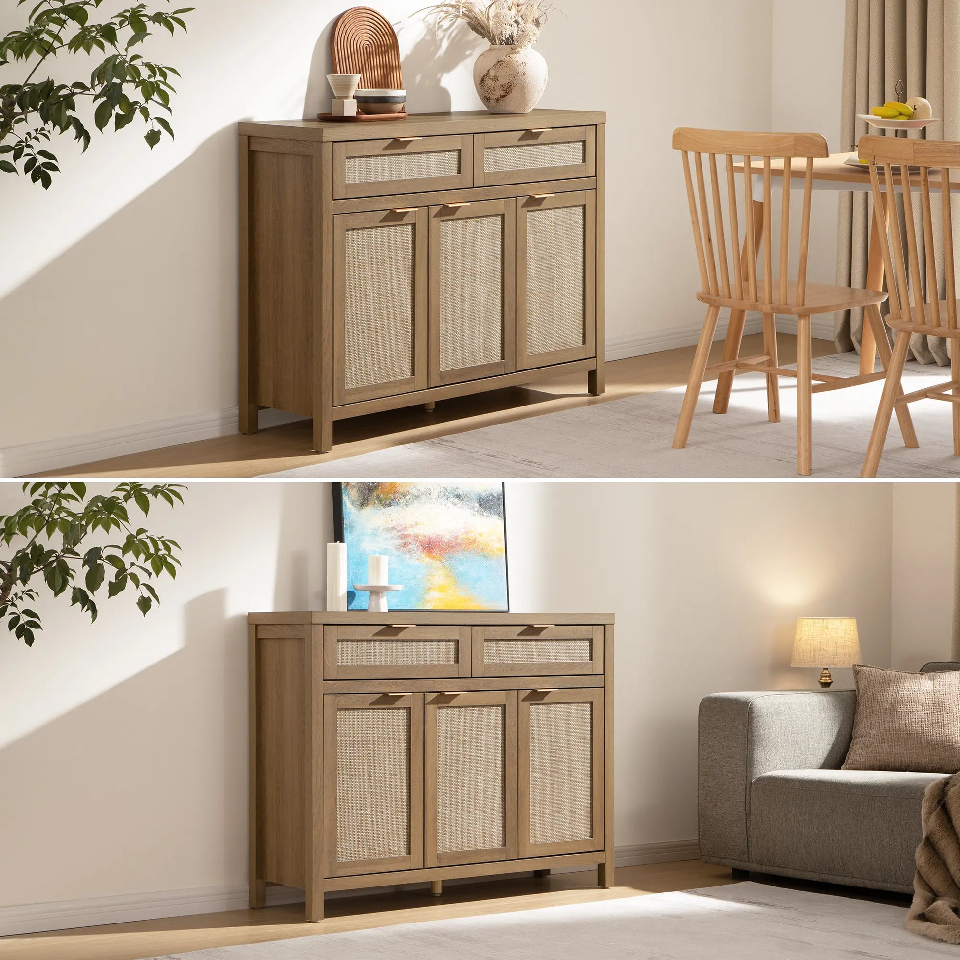 SICOTAS Rattan Sideboard Buffet Cabinet - Boho Farmhouse Credenza with 3 Doors and 2 Drawers, Storage Console Cabinet for Kitchen, Living Room, Entryway, Coffee Bar and Home Decor,Dorm Essentials