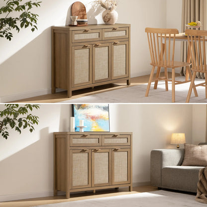 SICOTAS Rattan Sideboard Buffet Cabinet - Boho Farmhouse Credenza with 3 Doors and 2 Drawers, Storage Console Cabinet for Kitchen, Living Room, Entryway, Coffee Bar and Home Decor,Dorm Essentials