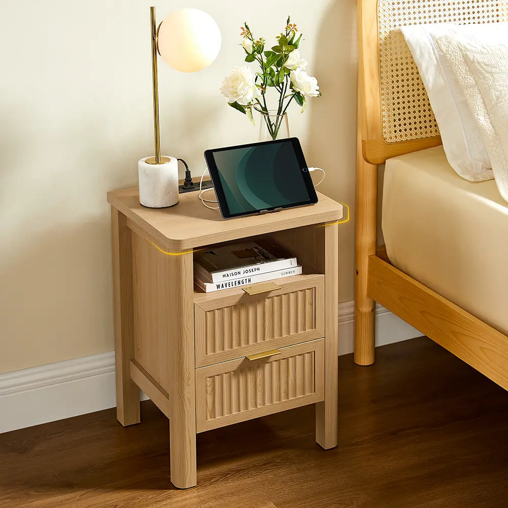 【Summerfinds】Onbrill 2-Piece Bedside Cabinet Set - 23.62" Modern Wood Nightstands with Fluted Panels, Drawers, 2 USB Ports, Glides, Curved Profile, 17.72"W×15.75"D×23.62"H End Tables for Bedroom Decor, Small Spaces,Dorm Essentials,Home Decor