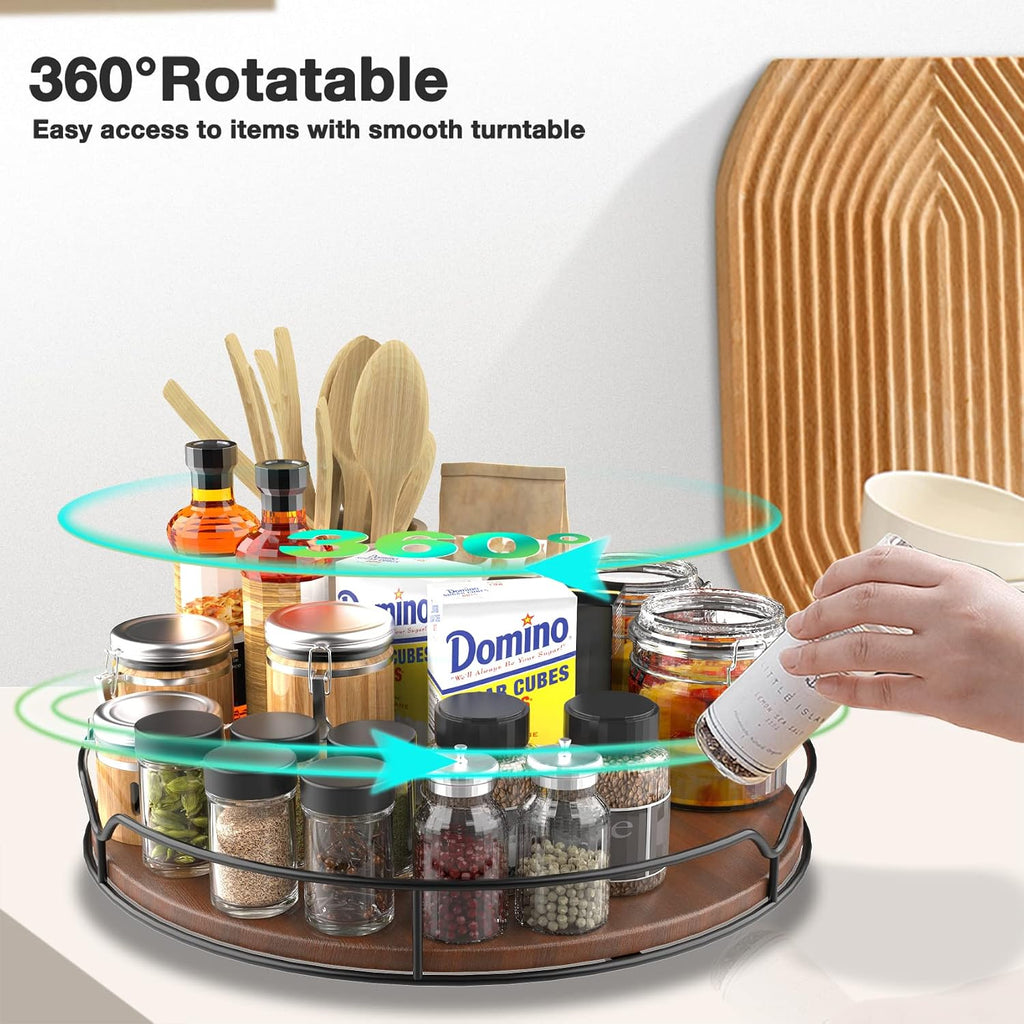 Lazy Susan Turntable Organizer for Cabinet Pantry Kitchen Countertop Refrigerator Cupboard, Pine Wood, 12", Brown