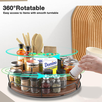 Lazy Susan Turntable Organizer for Cabinet Pantry Kitchen Countertop Refrigerator Cupboard, Pine Wood, 12", Brown