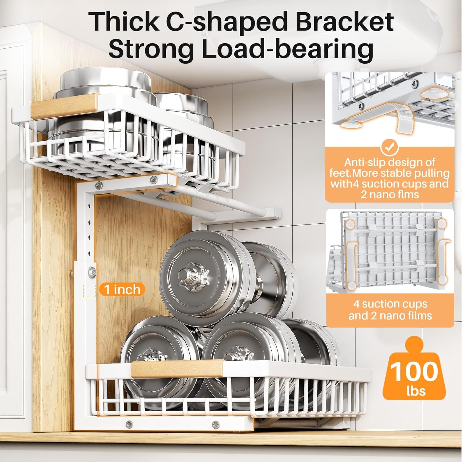 2 Pack under Sink Organizer,Adjustable Height,2 Tier Pull Out under Cabinet Organizer,Slide Out Thickened Metal under Sink Storage for Kitchen Bathroom Laundry Cabinet Pantry,White