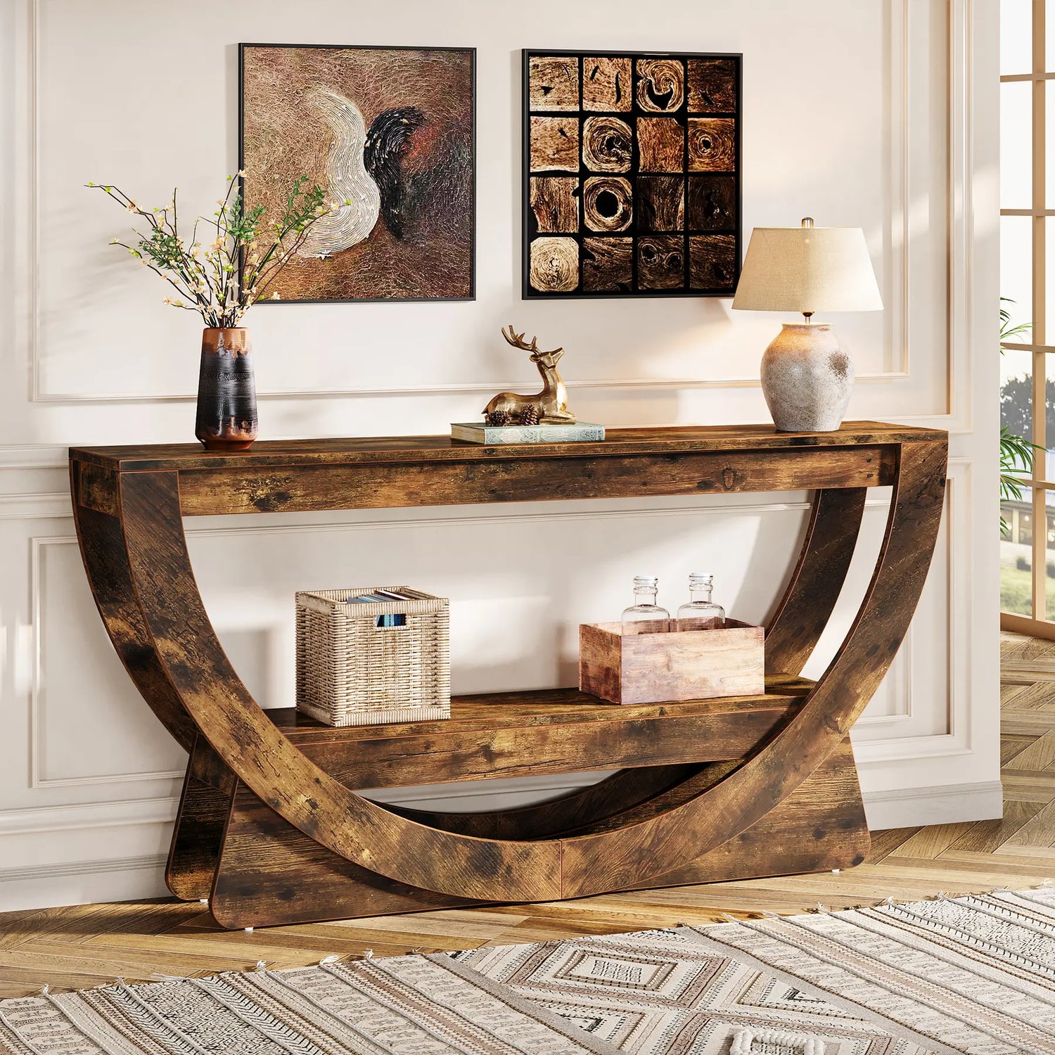 LITTLE TREE 63-Inch Console Table, Farmhouse 2-Tier Entryway Table with Storage Shelves, Narrow Long Sofa Table behind Couch, Wooden Accent Table for Hallway, Living Room, Entrance, Foyer