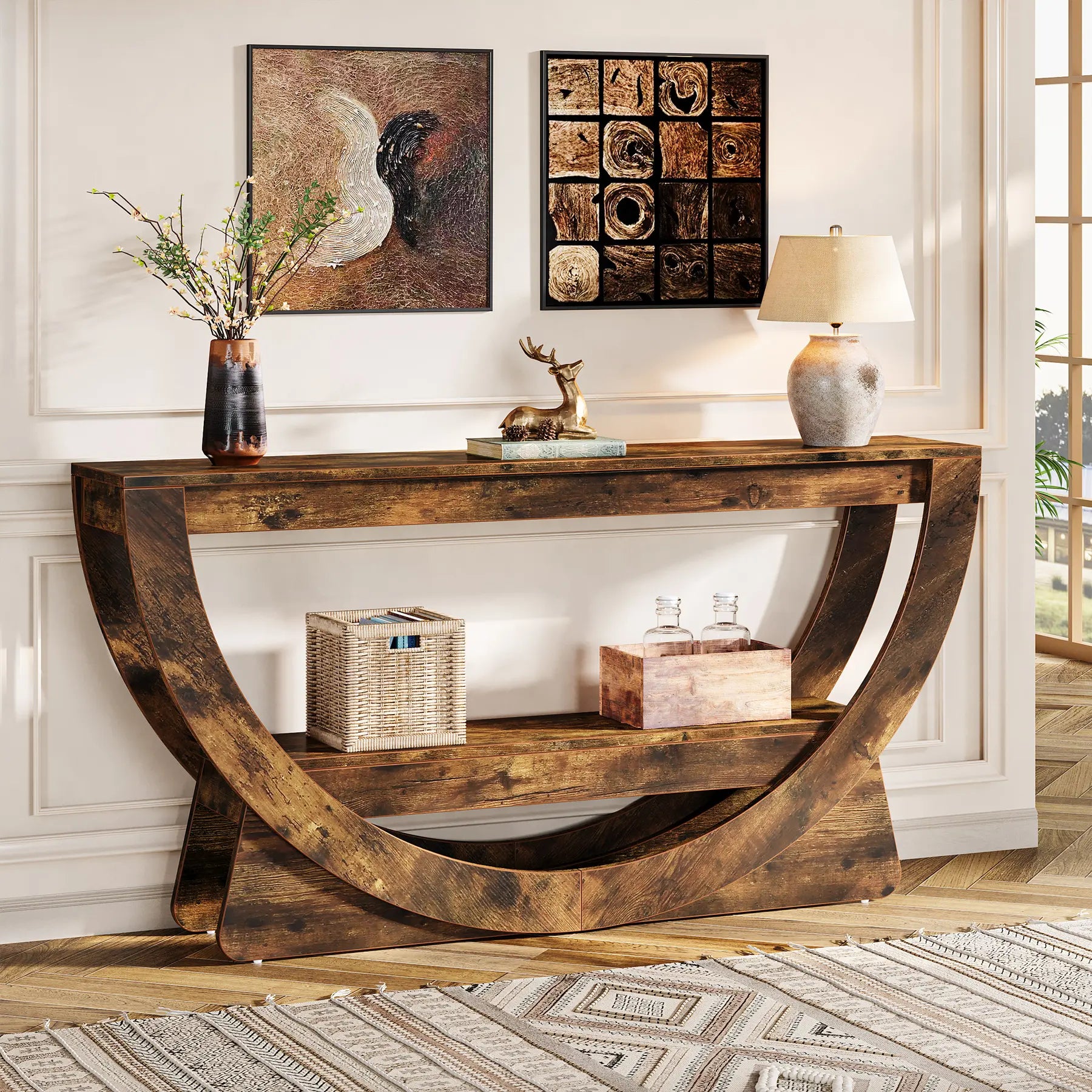 LITTLE TREE 63-Inch Console Table, Farmhouse 2-Tier Entryway Table with Storage Shelves, Narrow Long Sofa Table behind Couch, Wooden Accent Table for Hallway, Living Room, Entrance, Foyer