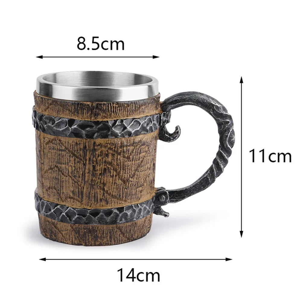 Viking Wood Style Beer Mug Simulation Wooden Barrel Beer Cup Double Wall Drinking Mug Metal Insulated 1PCS Bar Drinking Кружка