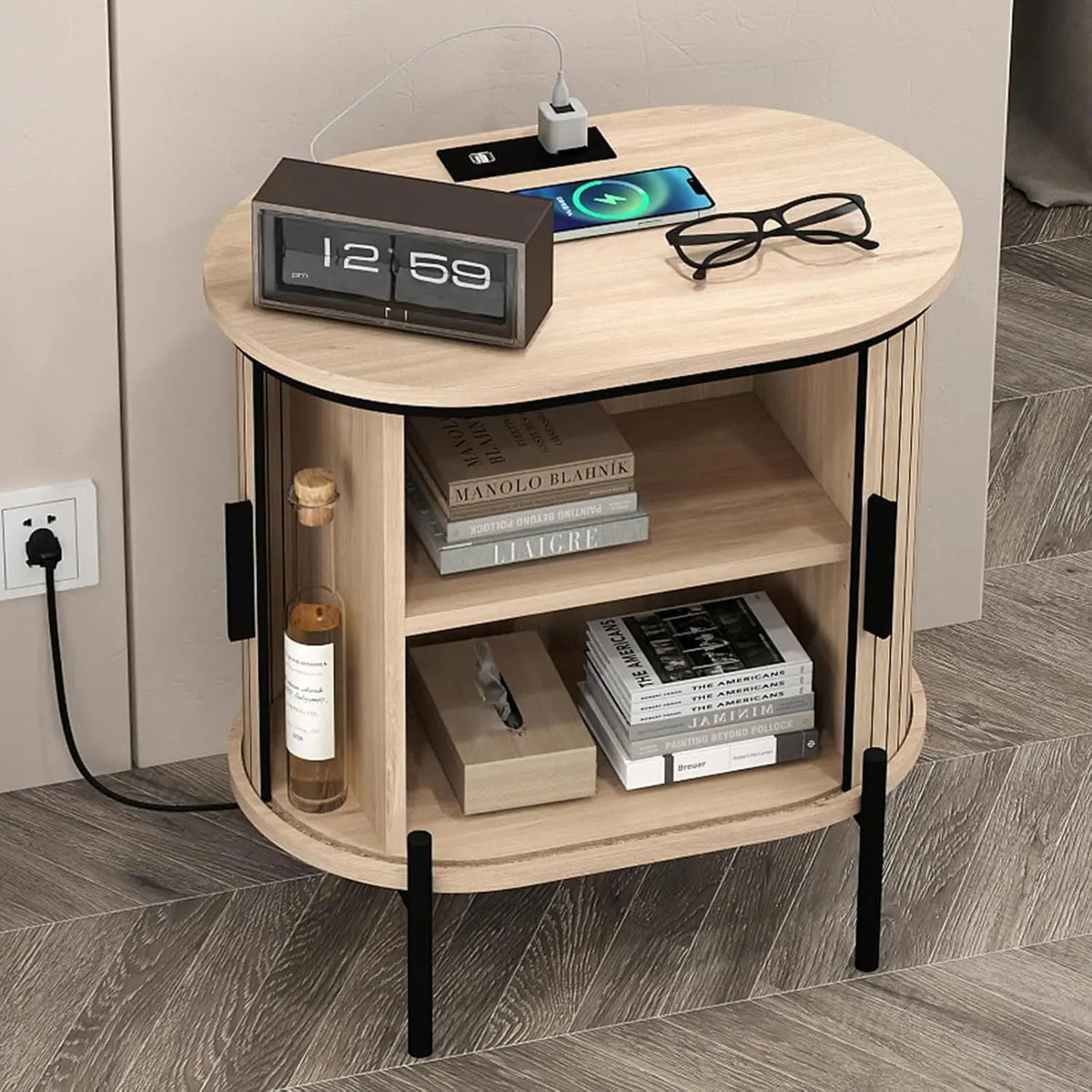 [Dealsforyoudays] EBELLO Small Console Table, Grooved End Table with Charging Station, Mid-Century Modern Nightstand, Entryway Cabinet for Living Room, Bedroom, Small Spaces, Walnut