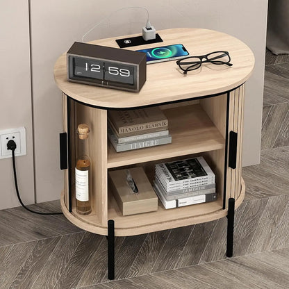 [Dealsforyoudays] EBELLO Small Console Table, Grooved End Table with Charging Station, Mid-Century Modern Nightstand, Entryway Cabinet for Living Room, Bedroom, Small Spaces, Walnut