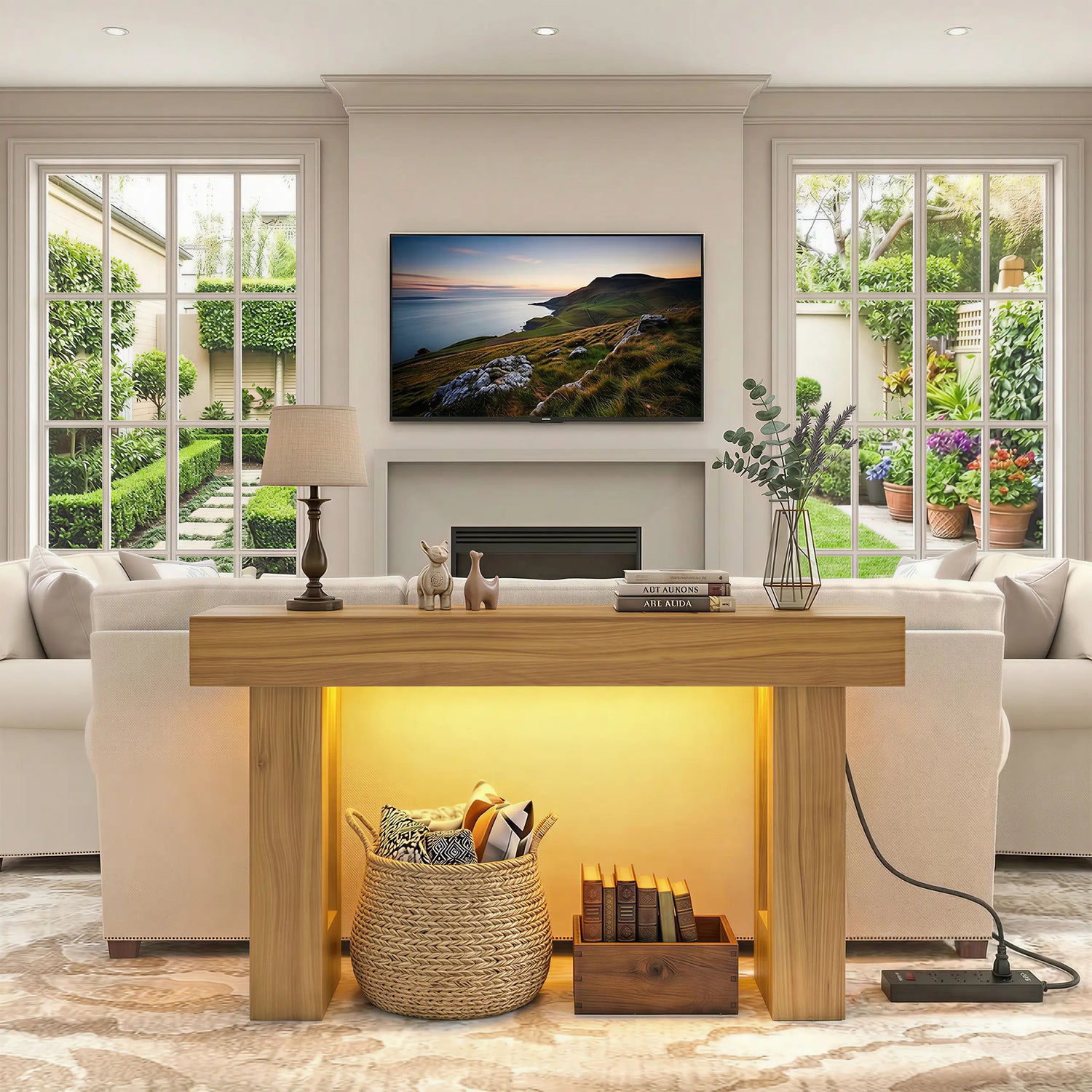 63 Inch Entryway Table with Socket and Sensor Light, Farmhouse Wooden Sofa Table behind Couch or Foyer Table, Narrow Console Table with Storage Shelf for Living Room, Entrance, Hallway, Easy Assembly