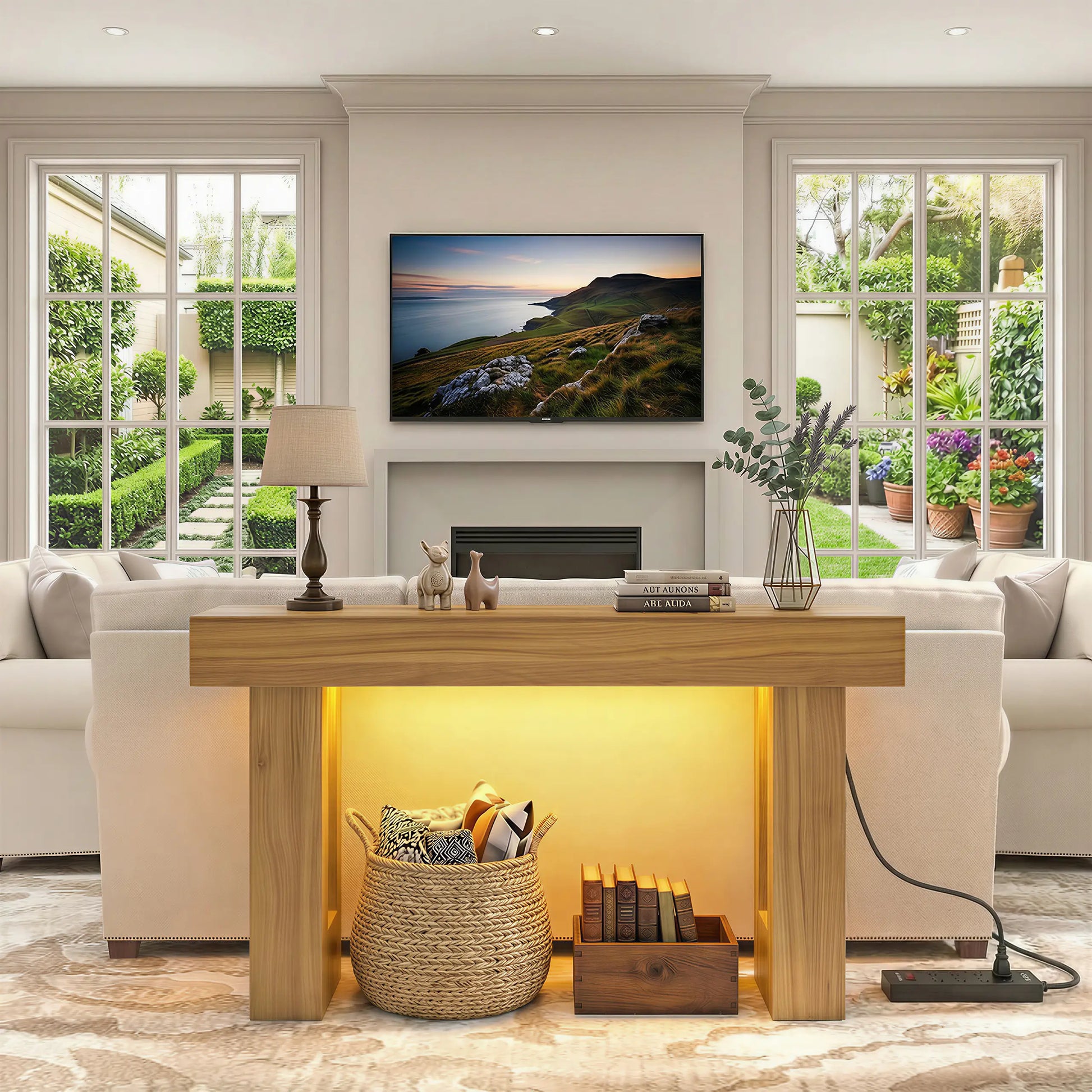 63 Inch Entryway Table with Socket and Sensor Light, Farmhouse Wooden Sofa Table behind Couch or Foyer Table, Narrow Console Table with Storage Shelf for Living Room, Entrance, Hallway, Easy Assembly