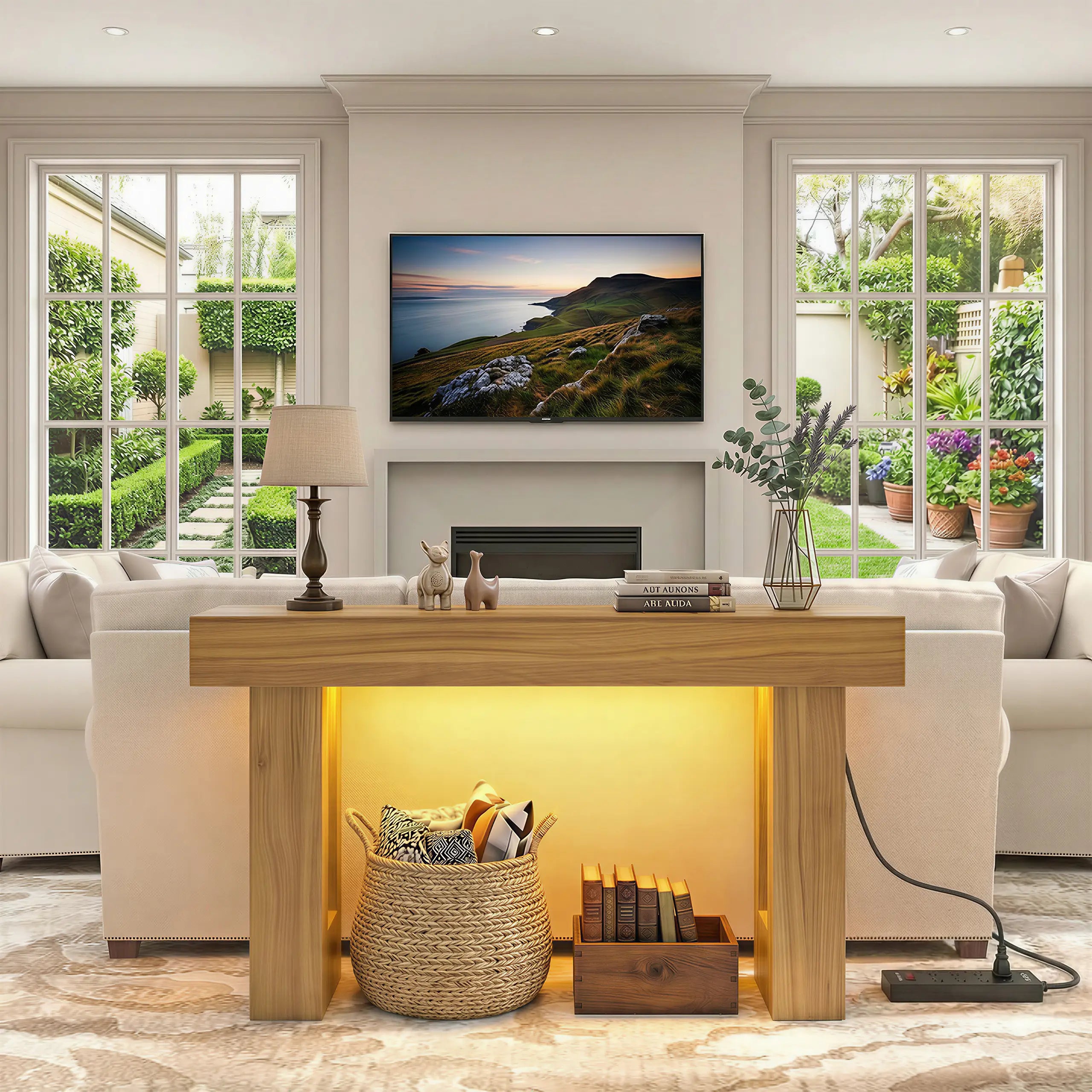 63 Inch Entryway Table with Socket and Sensor Light, Farmhouse Wooden Sofa Table behind Couch or Foyer Table, Narrow Console Table with Storage Shelf for Living Room, Entrance, Hallway, Easy Assembly