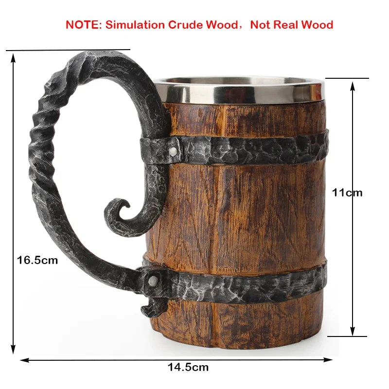 Viking Wood Style Beer Mug Simulation Wooden Barrel Beer Cup Double Wall Drinking Mug Metal Insulated 1PCS Bar Drinking Кружка