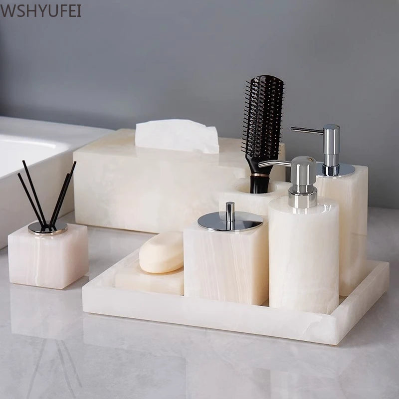 White Jade Stone Bathroom Accessory Set with soap dispenser and toothbrush holder