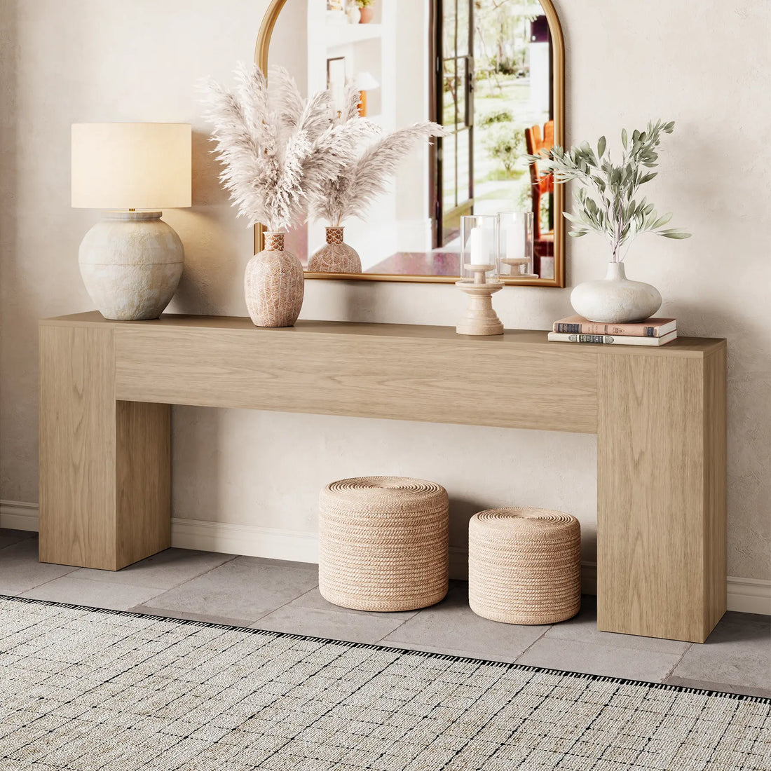 86-Inch Oak Console Table for Living Room, Farmhouse Extra Long Entryway Table, Wood Sofa Table behind Couch for Hallway, Entry Way, Entrance, Light Oak