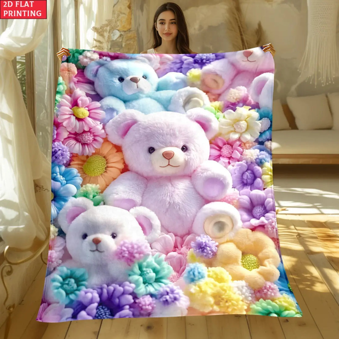 Teddy Bear Floral Blanket 2D Flat Cartoon Print Ultra Soft Flannel Throw Blanket Cute Colorful Bear Aesthetic Lightweight Cozy Warm Blanket for Sofa Couch Bed Bedroom Decor Travel Camping Office Chair Home Decor Gift Trending Must Have Cozy Home Essential