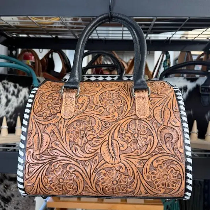 Genuine Hand Tooled Leather Speedy Bag- All over Brown Tooled with White Stitching