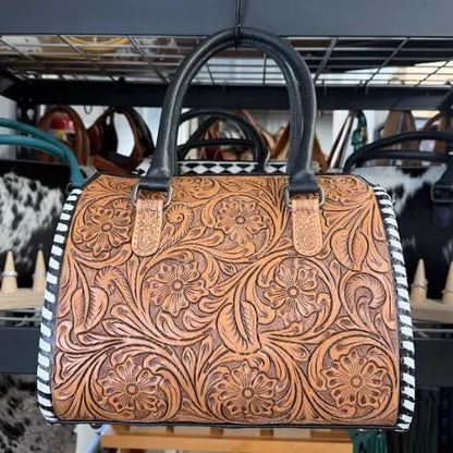 Genuine Hand Tooled Leather Speedy Bag- All over Brown Tooled with White Stitching