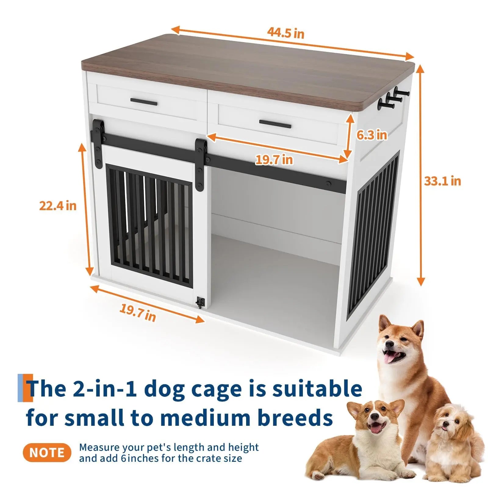 44.5" Wooden Dog Crate Furniture with Storage Drawers, Heavy Duty Pet Kennel End Table, Sliding Barn Doors, Indoor Decorative TV Stand for Medium or Large Breeds