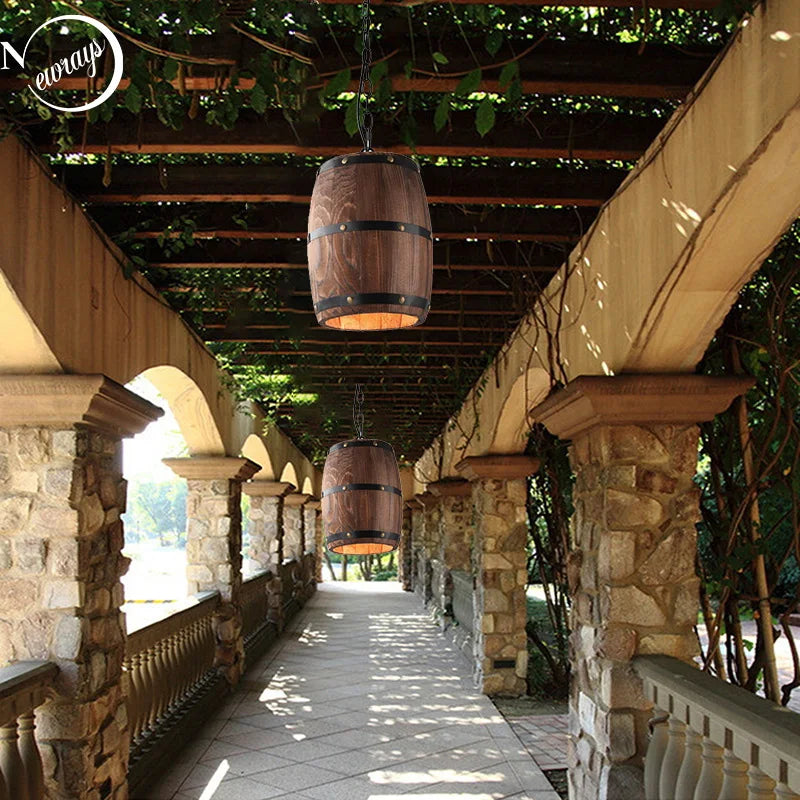 Retro Barrel Lamp Solid Wood Wine Barrel Hanging Fixture E27 Living Room Bar Cafe Restaurant Atomasphere Lamp Patio Manor Light