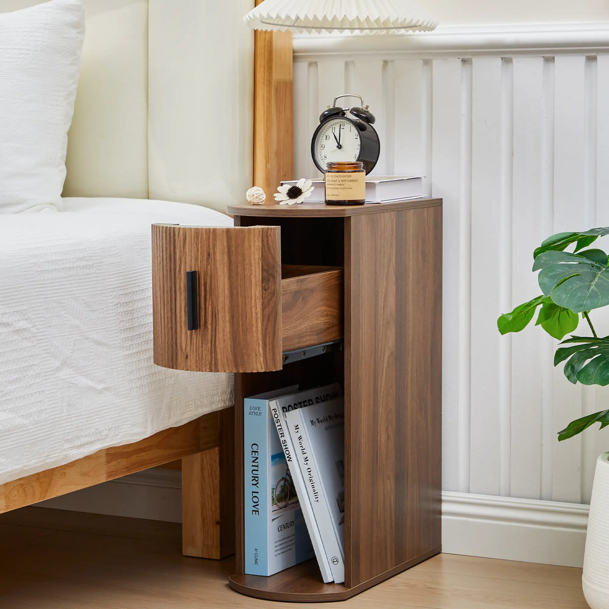 Fursch Walnut Slim Nightstand Set of 2, Mid-Century Curved Bedside Cabinets with Drawer &amp; Book Storage for Apartments, Bedrooms, Cozy Spaces, Small Spaces