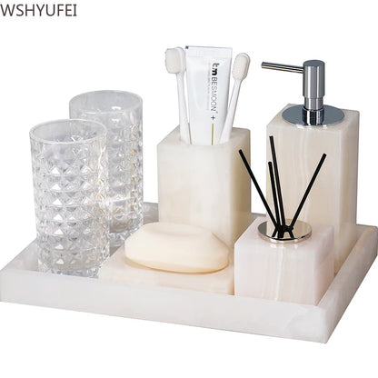 White Jade Stone Bathroom Accessory Set – Elegant Resin Bath Decor with soap, toothbrush holder, and glasses.