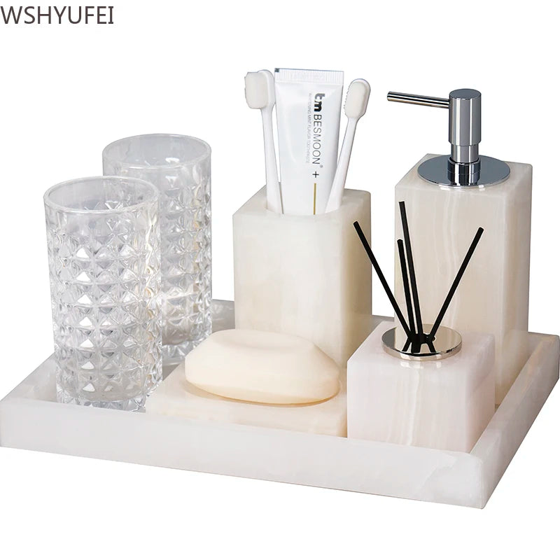 White Jade Stone Bathroom Accessory Set – Elegant Resin Bath Decor with soap, toothbrush holder, and glasses.