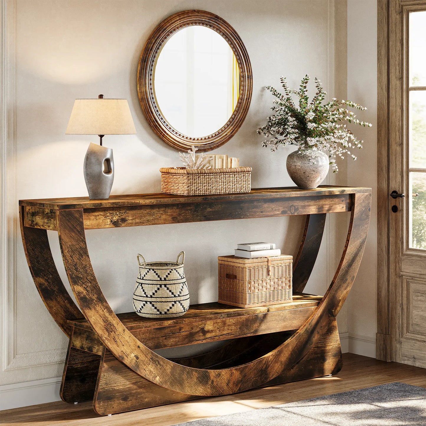 LITTLE TREE 63-Inch Console Table, Farmhouse 2-Tier Entryway Table with Storage Shelves, Narrow Long Sofa Table behind Couch, Wooden Accent Table for Hallway, Living Room, Entrance, Foyer