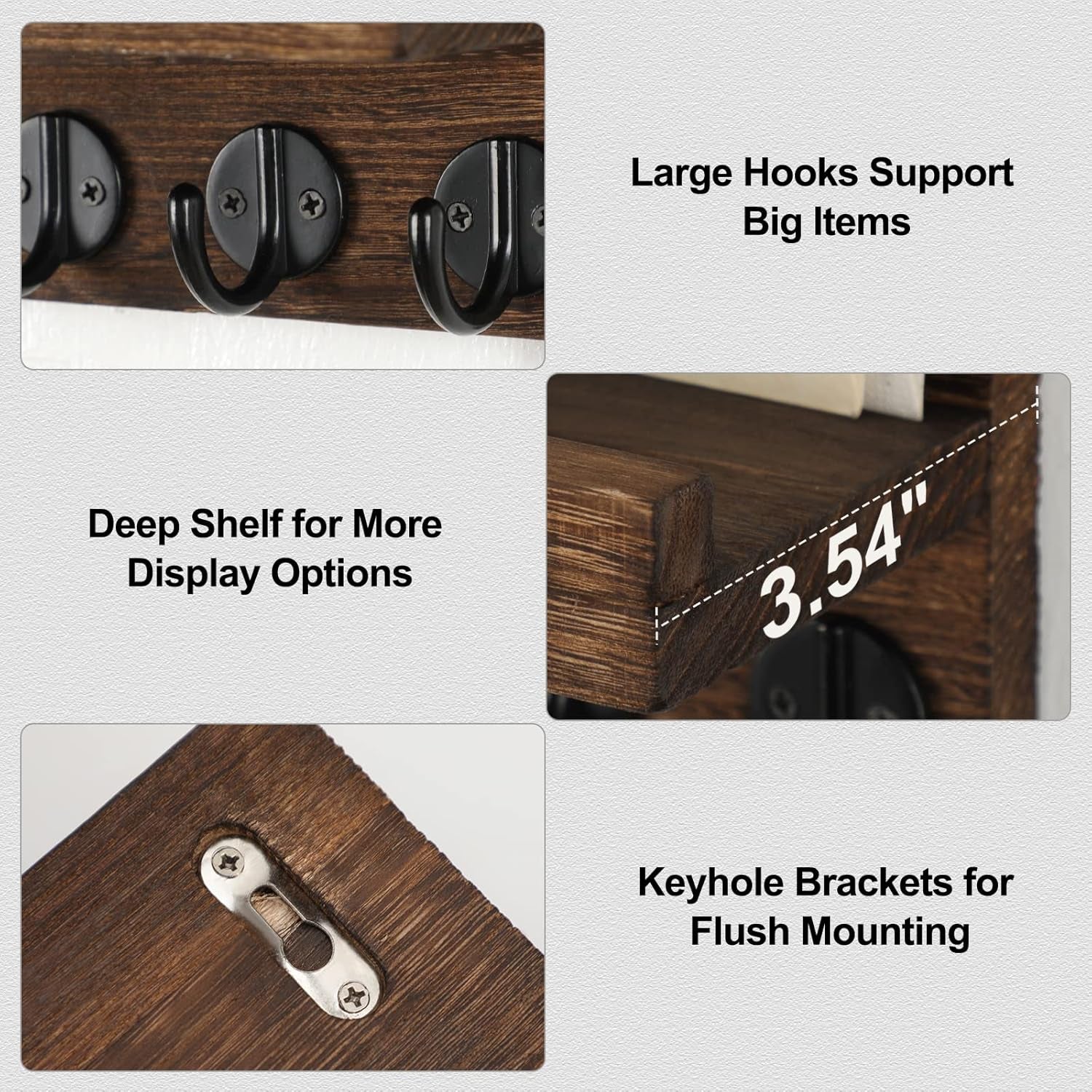 Key Holder for Wall, Decorative Key and Mail Holder with Shelf Has Large Key Hooks for Bags, Coats – Paulownia Wood Key Hanger with Mounting Hardware (9.8”W X 6.7”H X 4.2”D) (Brown)